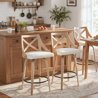 Sunvega Farmhouse Counter Stool with Cream Fabric and White Washed Wood for Dining