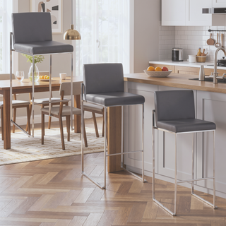Sunvega Fuji High Back Barstool Set of 3 in Stainless Steel and Grey Faux Leather