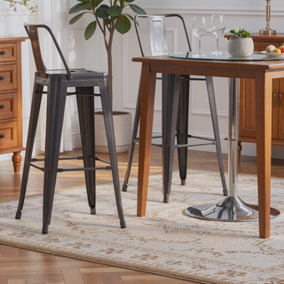 Sunvega Industrial Metal Bar Stool Set of 2 with Curved Back and Foot Rest