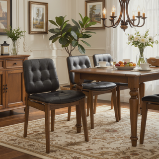 Sunvega Black and Natural Walnut Tufted Back Side Chairs with Leatherette Cushions