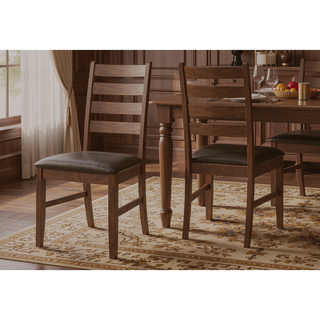 Sunvega Set of 2 Transitional Slat-Back Dining Chairs with Brown Leather Look Upholstery