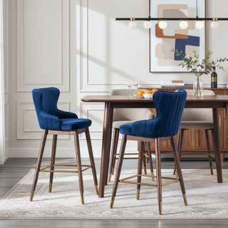 Sunvega Mid-Century Inspired Blue Velvet Wingback Bar Stools with Walnut Legs