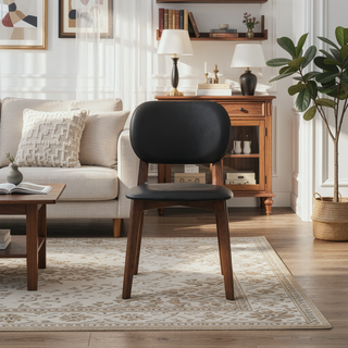 Sunvega Mid-Century Modern Black Vegan Leather Dining Chairs with Walnut Base Set of 2