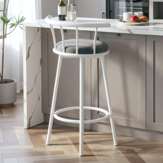 Sunvega Set of 2 Swivel Barstools with Grey Fabric Seats and White Metal Frame