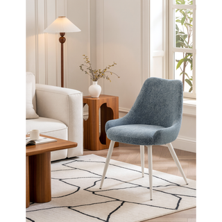 Sunvega Light Blue Boucle Upholstered Side Chair with White Metal Base and Padded Seat