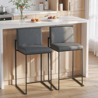 Sunvega Contemporary High Back Counter Stool with Padded Seat and Backrest in Black Steel and Grey Faux Leather - Set of 2