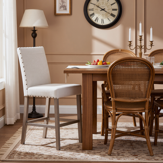 Sunvega White Fabric Finish Bar Stool with Nailhead Trim in Transitional Style