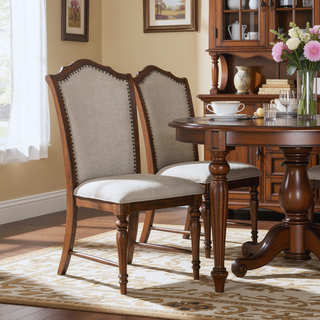 Sunvega Traditional Cherry Finish Wooden Side Chairs with Gray Textured Fabric Upholstery