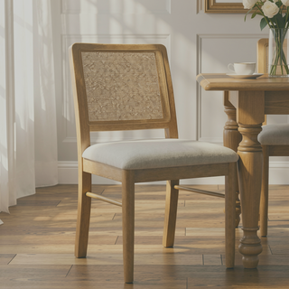 Sunvega Sand Wash Cane Dining Chair with Beige Cushion and Metal Stretcher Bar
