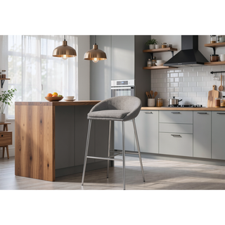 Sunvega Set of 2 Modern Bar Stools with Grey Fabric Upholstery and Chrome Legs