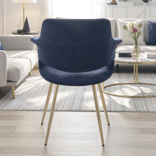 Sunvega Glam Art Deco Chair with Gold Metal Legs and Blue Velvet Upholstery