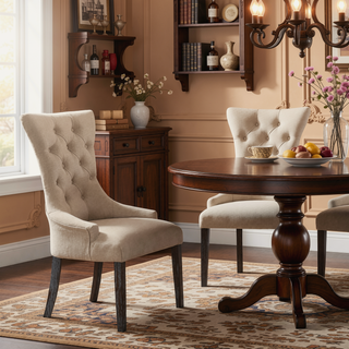 Sunvega Beige Linen Upholstered Dining Chairs with Weathered Espresso Wooden Legs Set of 2