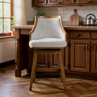 Sunvega Handcrafted Taupe Beige Cane Rattan Swivel Counter Stool with Recessed Arms