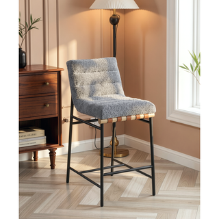 Sunvega Boucle Upholstered Chair with Cognac PU Leather Detailing and Black Iron Legs