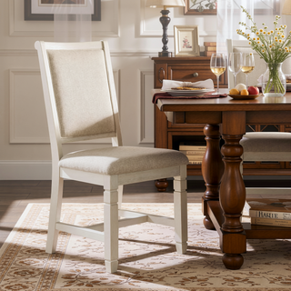 Sunvega Antique White Finish Wooden Side Chairs with Beige Textured Fabric