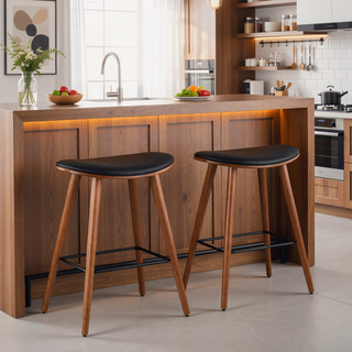 Sunvega Mid-Century Modern Walnut and Black Faux Leather Counter Stool Set of 2