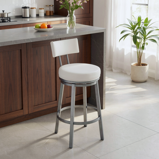 Sunvega Swivel Bar Stool in Cloud Finish with White Faux Leather Upholstery