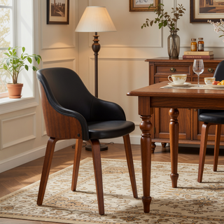 Sunvega Mid-Century Modern Dining Accent Chair with Walnut Wood Back and Faux Leather
