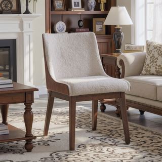 Sunvega Brown Velvet and Walnut Finish Side Chair with Boucle Upholstery for Dining Space