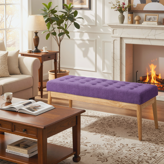 Sunvega Mid Century Modern Tufted Bench with Solid Birch Legs and Natural Finish