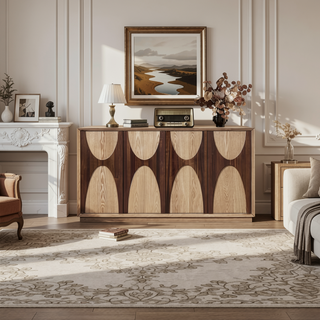 Sunvega Modern 4-Door Wooden Cabinet with Adjustable Shelves and Curved Acacia Wood Accents