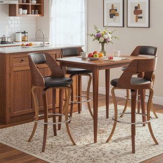 Sunvega 29 Inch Swivel Gray Faux Leather and Walnut Wood Bar Stool with Padded Cushion