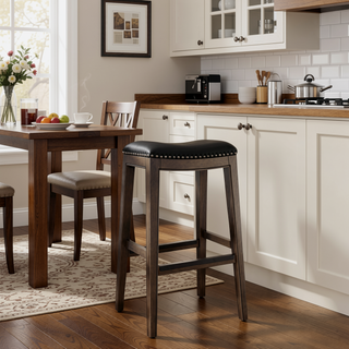 Sunvega Natural Finish Saddle Leather Seat Counter Stool with Footrest and Nail Head Trim
