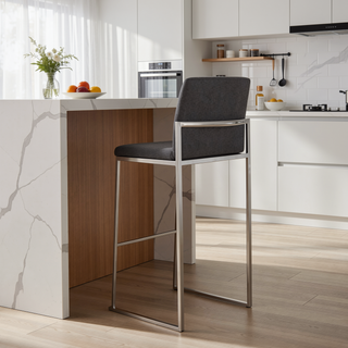 Sunvega Contemporary High Back Barstool with Padded Seat and Backrest in Stainless Steel