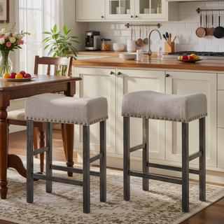Sunvega Counter Height Stools with Tan Linen Upholstery and Weathered Grey Legs