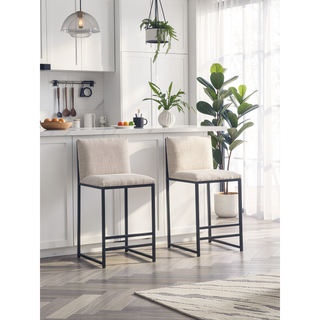 Sunvega Upholstered Linen Bar Stools Set of 2 with Metal Frame and Footrest