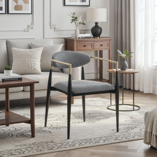 Sunvega Mistra Grey Upholstered Dining Arm Chair with Black Base and Gold Arms
