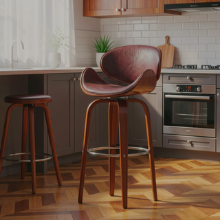 Sunvega Mid-Century Modern Swivel Barstool with Faux Leather Upholstery and Walnut Frame
