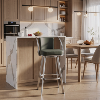 Sunvega 30 Inch Gray Faux Leather Swivel Bar Stool with Brushed Stainless Steel Frame