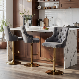 Sunvega Adjustable Swivel Bar Stool with Velvet Upholstery and Gold Base