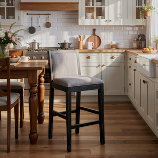 Sunvega Retro Bar Stools Set of 2 with Grey Fabric Sponge Cushion and Black Distressed Rubberwood Frame