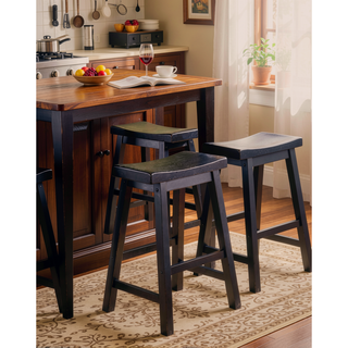 Sunvega Black Finish Bar Height Solid Wood Saddle Seat Stools Set of 2