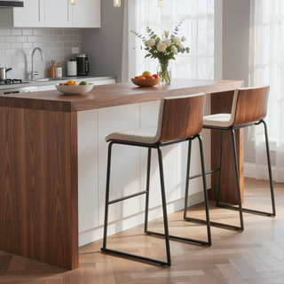 Sunvega Mason Mara Contemporary Fixed-Height Barstool with Tufted Upholstered Seat and Walnut Wood Back