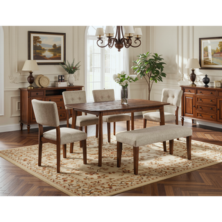 Sunvega Mid-Century Modern Brown Wood Finish Curved Button Tufted Dining Chairs