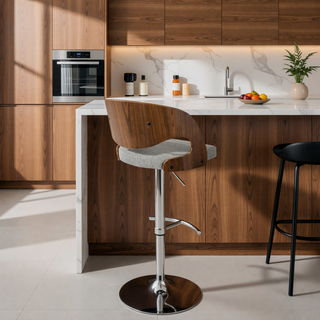 Sunvega Mid-Century Modern Adjustable Swivel Barstool with Walnut Back and Grey Fabric