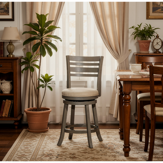 Sunvega Cherry Finish Beige Fabric Slat Back Swivel Stool for Counter Height