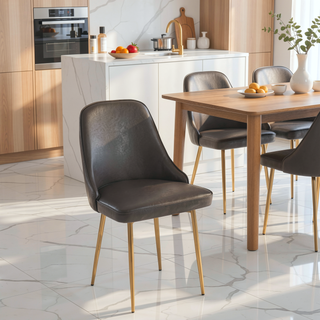 Sunvega Glam Dining Chair with Gold Frame and Grey Faux Leather Cushioned Seat