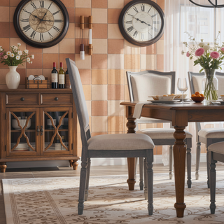 Sunvega Weathered Gray Finish Wooden Frame Cream Linen Upholstered Dining Side Chairs