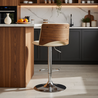Sunvega Adjustable Swivel Cream Faux Leather Bar Stool with Walnut Back