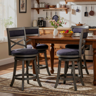 Sunvega 24 Inch Counter Height X-Back Swivel Stool with Beige Fabric Seat and Cherry Finish