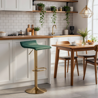 Sunvega Adjustable Height Barstool with Swivel in Gold Brushed Metal and Green Velvet