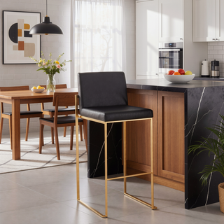 Sunvega Gold Steel and Black Faux Leather High Back Barstool with Padded Seat