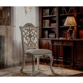 Sunvega Antique Pearl Finish PU Leather Side Chair with Floral Molding Wood Backrest