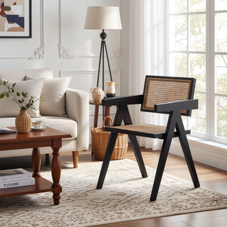 Sunvega Modern Natural Cane Armchair with Square Backrest for Dining Room
