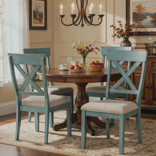 Sunvega Antique Blue Wood Cross Back Upholstered Dining Chairs with Tan Fabric Seat