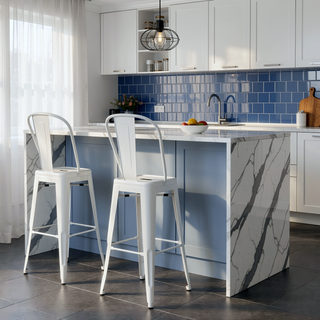 Sunvega Industrial White Metal Bar Stools with Curved Back and Footrest Set of 2